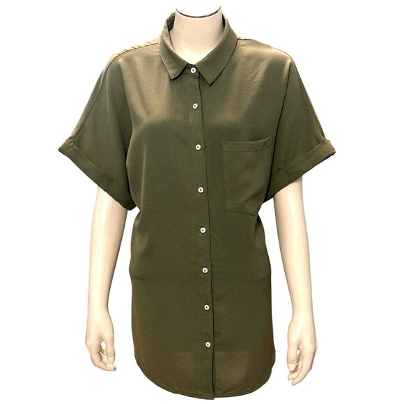 CCC Army Green Chic Henley Short Sleeve Button Up Lapel Shirt All Polyester XLGE - Picture 1 of 10